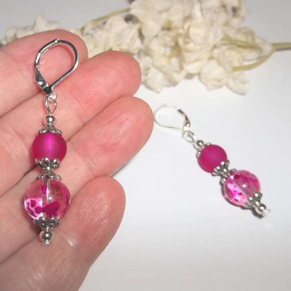 Magenta and Silver Earrings, Drop Earrings, Pink Earrings, Beaded Earrings, A102 - Picture 6 of 8